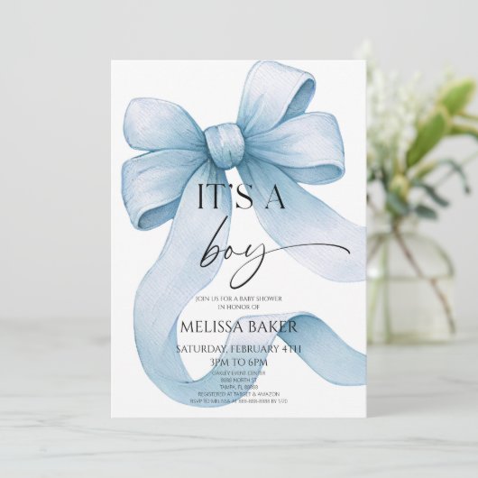 It's A Boy Elegant Blue Bow Baby Shower Kaart (Staand voorkant)