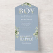 Its A Boy Floral Greenery Dusty Blue Baby Shower All In One Uitnodiging (Binnen)