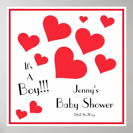 It's A Boy! Happy Red Hearts Custom Baby Shower Poster (Voorkant)
