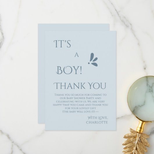 It's A Boy! Minimalism Pastel Blue Baby Shower Bedankkaart (Voorkant / Achterkant in situ)