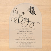 It's A Boy Modern Minimal Butterfly Baby Shower Acryl Uitnodigingen (Voorkant)
