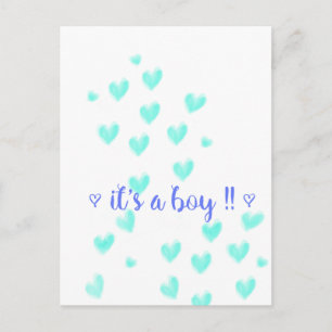 IT'S A BOY - Teel & Blue aquarel harten ontwerp Aankondigingskaart