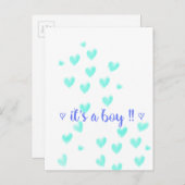IT'S A BOY - Teel & Blue aquarel harten ontwerp Aankondigingskaart (Voorkant / Achterkant)