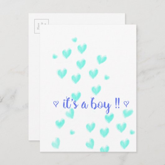 IT'S A BOY - Teel & Blue aquarel harten ontwerp Aankondigingskaart (Voorkant / Achterkant)