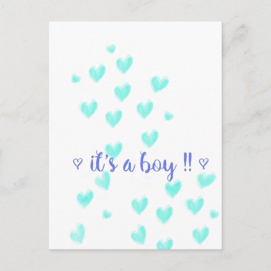 IT'S A BOY - Teel & Blue aquarel harten ontwerp Aankondigingskaart (Voorkant)