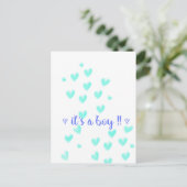 IT'S A BOY - Teel & Blue aquarel harten ontwerp Aankondigingskaart (Staand voorkant)