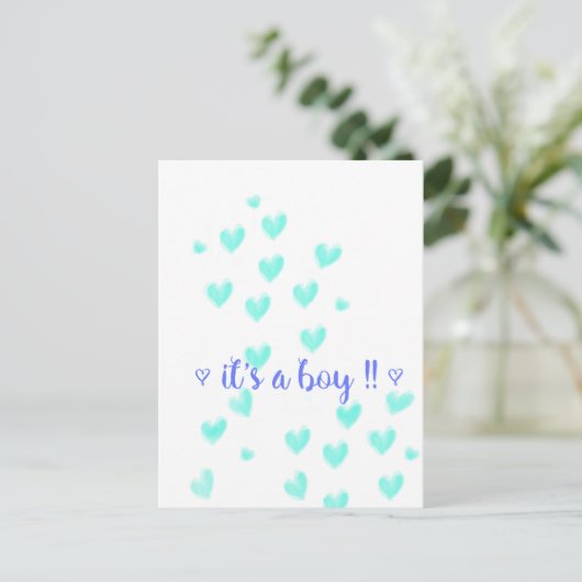 IT'S A BOY - Teel & Blue aquarel harten ontwerp Aankondigingskaart (Staand voorkant)
