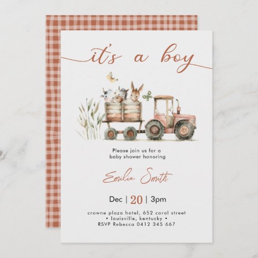  It's a Boy Tractor Baby Shower Kaart (Voorkant / Achterkant)