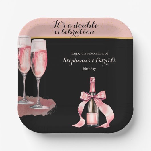 It's a Double Celebration Black Champagne Birthday Papieren Bordje (Voorkant)