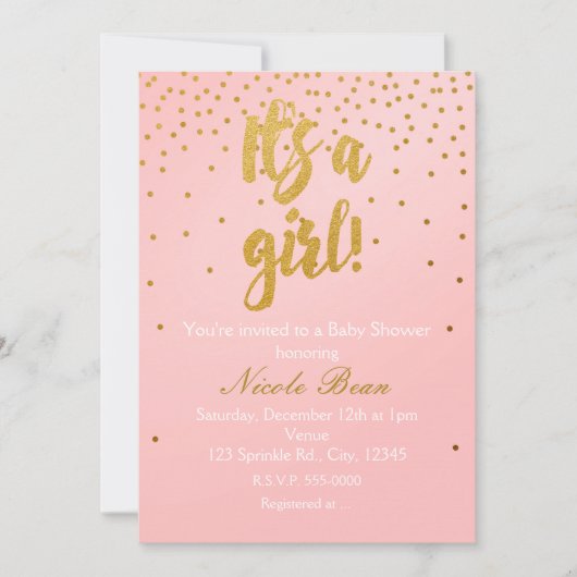IT's A GIRL Blush Pink & Gold Confetti Invitation Kaart (Voorkant)