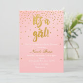 IT's A GIRL Blush Pink & Gold Confetti Invitation Kaart (Staand voorkant)