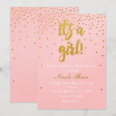IT's A GIRL Blush Pink & Gold Confetti Invitation Kaart (Voorkant / Achterkant)