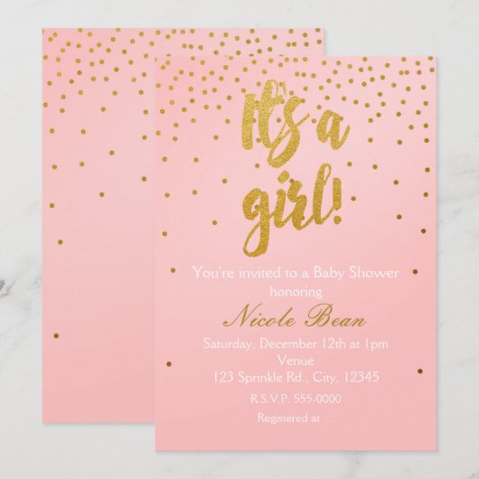 IT's A GIRL Blush Pink & Gold Confetti Invitation Kaart (Voorkant / Achterkant)