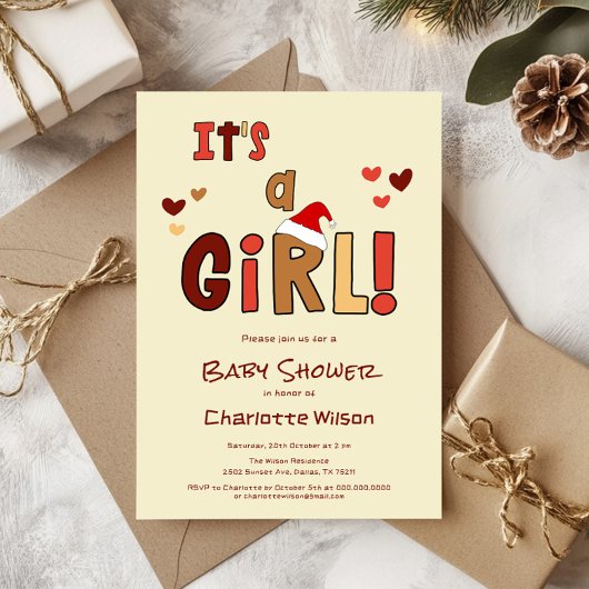 It's a Girl! Christmas Santa Hat Baby Shower Kaart