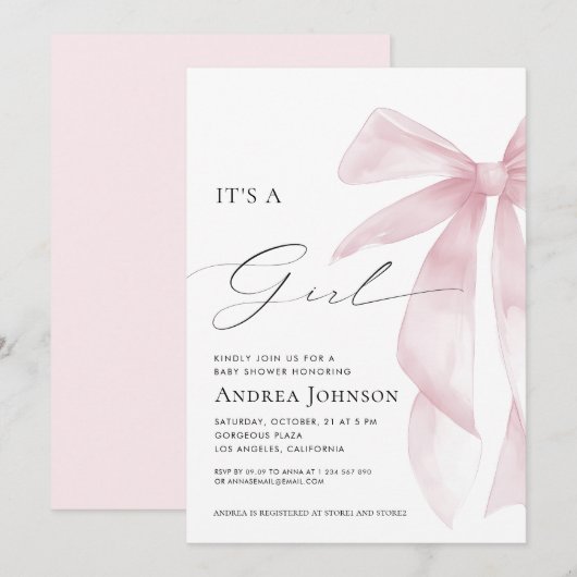 It's a Girl | Elegant Classy Pink Bow Baby Shower Kaart (Voorkant / Achterkant)