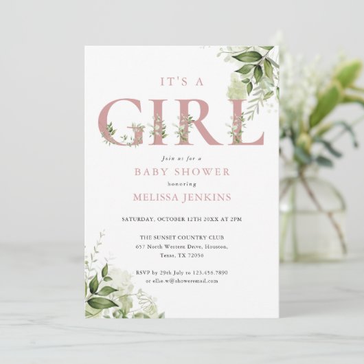 Its A Girl Groene Roze All In One Baby Shower In Kaart (Staand voorkant)