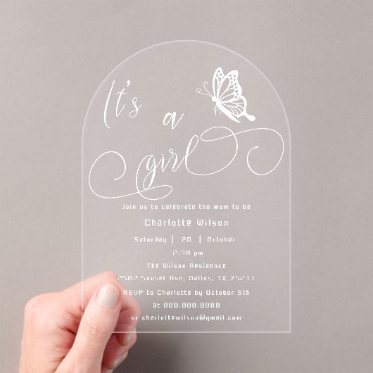 It's A Girl Modern Minimal Butterfly Baby Shower Acryl Uitnodigingen (Insitu (Draagbaar))