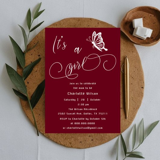 It's A Girl Modern Minimal Butterfly Baby Shower Kaart