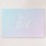 It's a Girl pink blue gradient gender reveal  Legpuzzel<br><div class="desc">It's a Girl light pink and light blue gradient ombre pattern meet in the middle of the puzzle to reveal that it is a girl. Great baby shower gender reveal jigsaw puzzle. guessing game, boy or girl? Half side is light pink, half side is light blue, colors blend at the...</div>