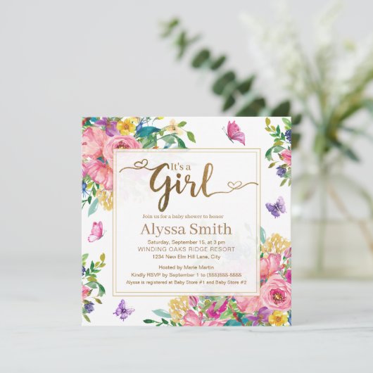 It's a Girl Pink Blue Yellow Floral Baby Shower Kaart (Staand voorkant)