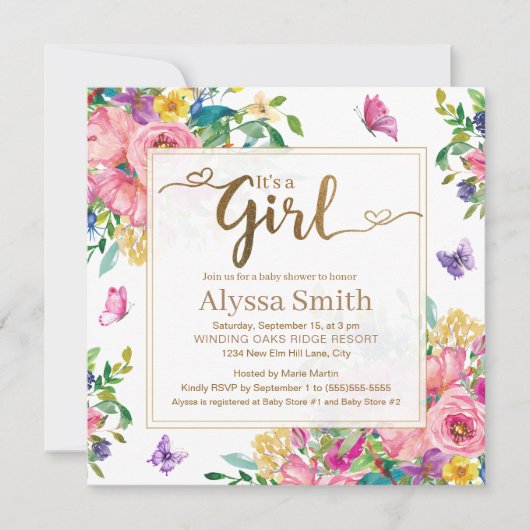 It's a Girl Pink Blue Yellow Floral Baby Shower Kaart (Voorkant)
