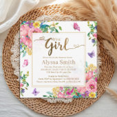 It's a Girl Pink Blue Yellow Floral Baby Shower Kaart