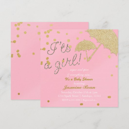 IT's A GIRL Pink & Gold Baby shower Invitation Kaart (Voorkant / Achterkant)