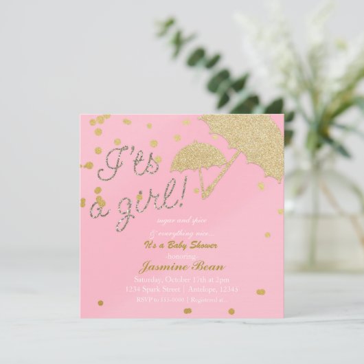 IT's A GIRL Pink & Gold Baby shower Invitation Kaart (Staand voorkant)