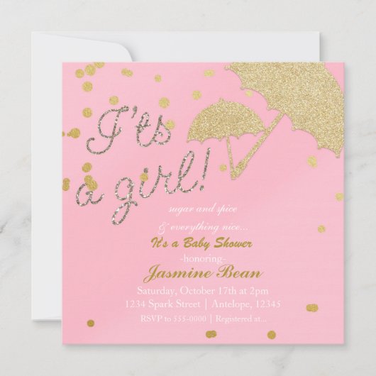 IT's A GIRL Pink & Gold Baby shower Invitation Kaart (Voorkant)