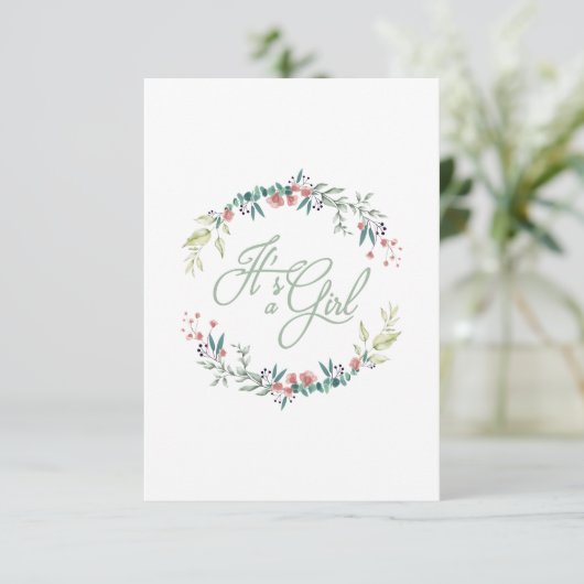 It's a Girl Quote in Pink Green on Floral Wreath Kaart (Staand voorkant)