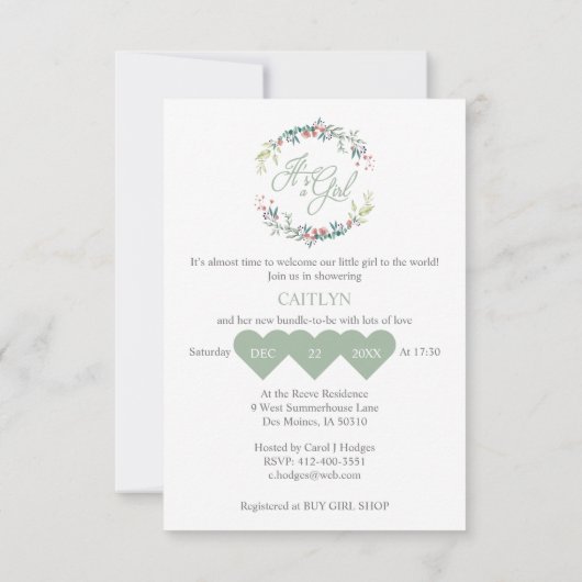 It's a Girl Quote in Pink Green on Floral Wreath Kaart (Achterkant)