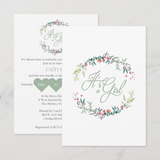 It's a Girl Quote in Pink Green on Floral Wreath Kaart (Voorkant / Achterkant)