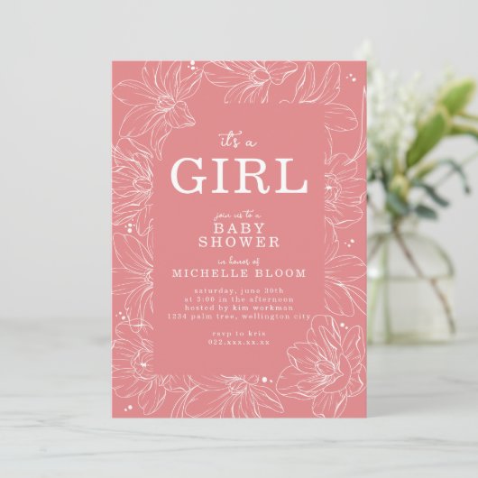 "It's a GIRL" Roze Bloemen Baby shower Uitnodiging (Staand voorkant)