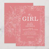 "It's a GIRL" Roze Bloemen Baby shower Uitnodiging (Voorkant / Achterkant)