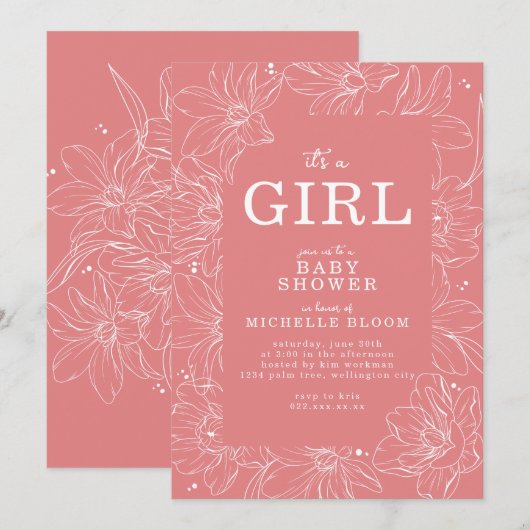 "It's a GIRL" Roze Bloemen Baby shower Uitnodiging (Voorkant / Achterkant)