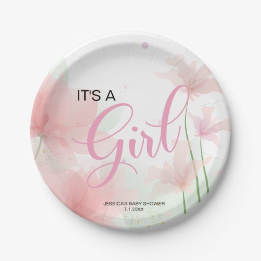 It's a Girl Soft Blush Pink Flowers Papieren Bordje (Voorkant)