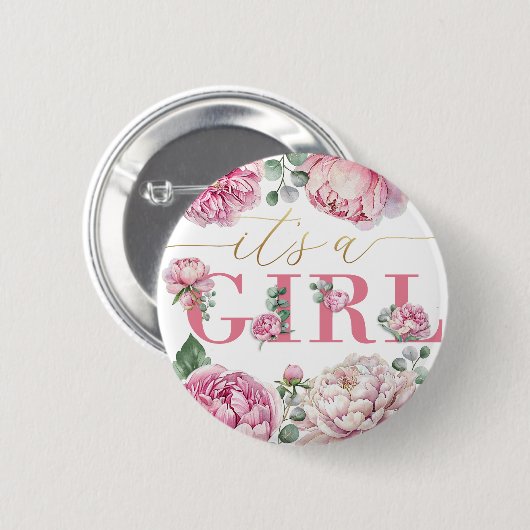 "It's a Girl" Waterverf Bloemen Baby shower Button (Voorkant /achterkant)