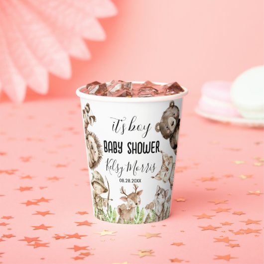 its boy Rustic Woodland Baby Shower Invite Papieren Bekers (Insitu)