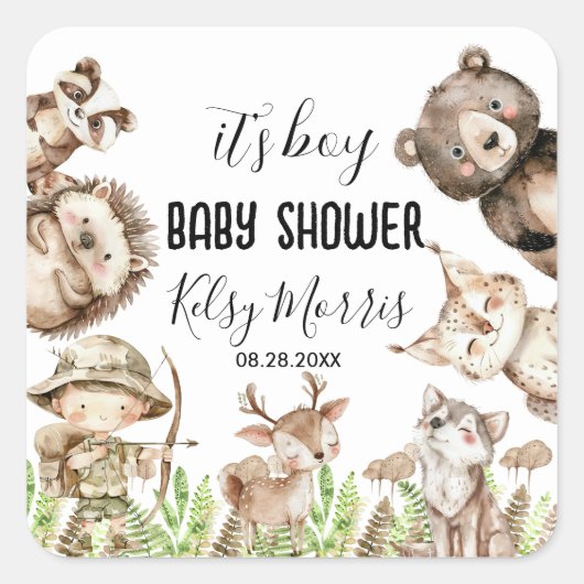 its boy Rustic Woodland Baby Shower Invite Vierkante Sticker (Voorkant)