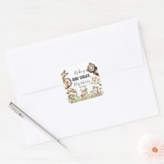its boy Rustic Woodland Baby Shower Invite Vierkante Sticker (Envelop)