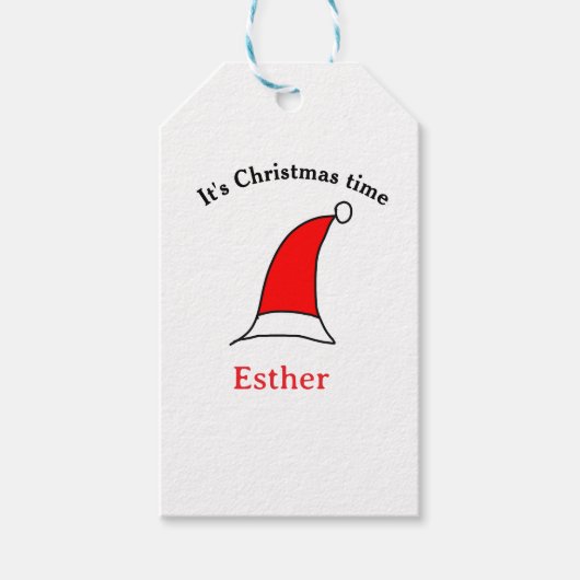 It's Christmas time Santa red hat name simple fun Cadeaulabel (Voorkant)