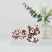 It's Christmastime Snowman Holding Gift and Mouse Briefkaart (Staand voorkant)