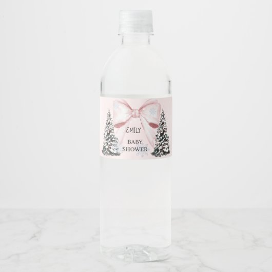 It's Cold Outside Pink Bow Baby Shower  Waterfles Etiket (Voorkant)