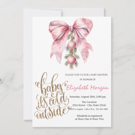 It's Cold Pink Bow Christmas Balls Baby Shower   Kaart (Voorkant)