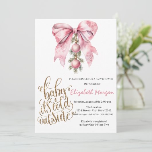 It's Cold Pink Bow Christmas Balls Baby Shower   Kaart (Staand voorkant)