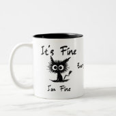 It's Fine I'm Fine" Funny Sarcastic Black Cat  Tweekleurige Koffiemok (Links)