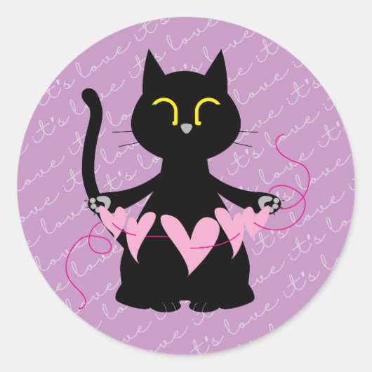 IT'S LOVE - Schattigee zwarte kat en harten Sticke Ronde Sticker (Voorkant)