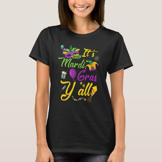 Its Mardi Gras Yall Jester Hat Mardi Gras Mask Bea T-shirt (Voorkant)
