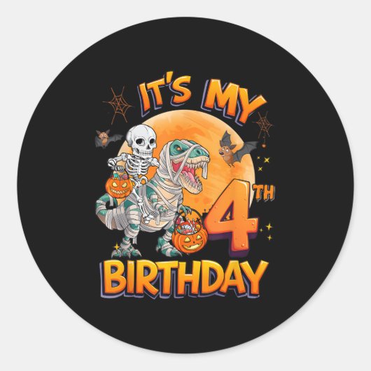 Its My 4th Birthday Dinosaur Skeleton Mummy Hallow Ronde Sticker (Voorkant)