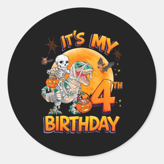 Its My 4th Birthday Dinosaur Skeleton Mummy Hallow Ronde Sticker (Voorkant)
